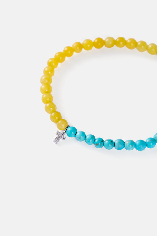 jade and turquoise bracelet with medium white gold diamond cross