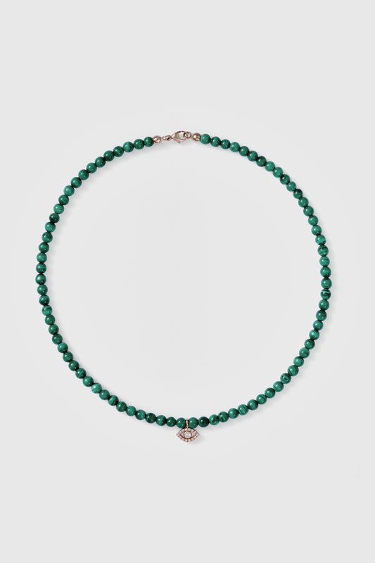 malachite choker with big pink gold diamond evil eye